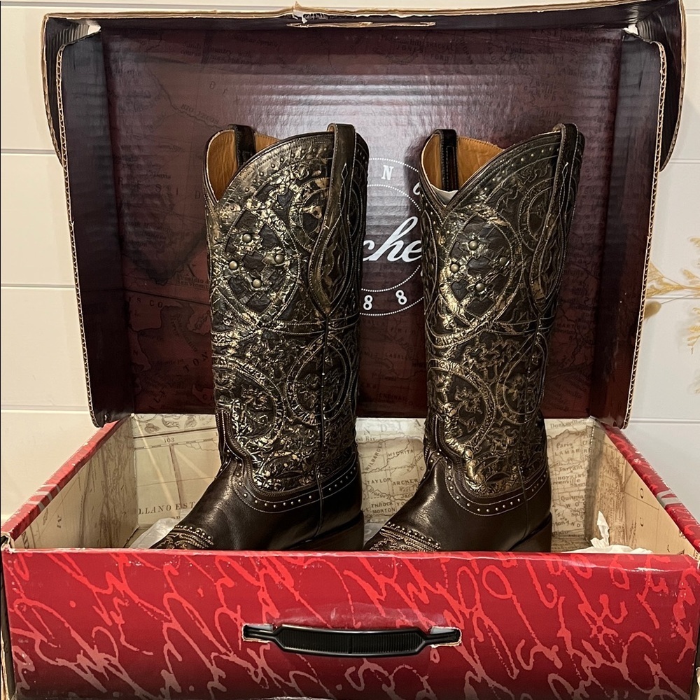 Lucchese Snowflake Brown and Gold Cowboy Boots with Intricate Detailing Size 10 - Picture 16 of 16